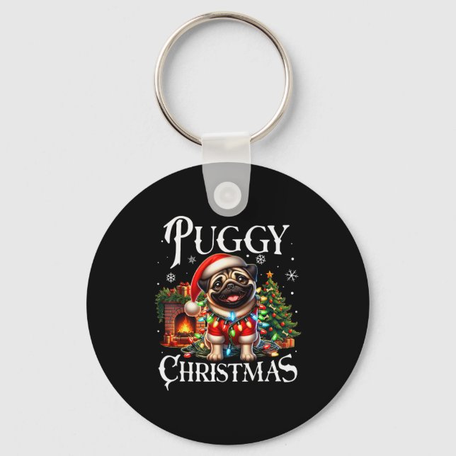 Chaveiro Puggy Christmas Pug Xmas Pug Santa Claus Pug  (Frente)