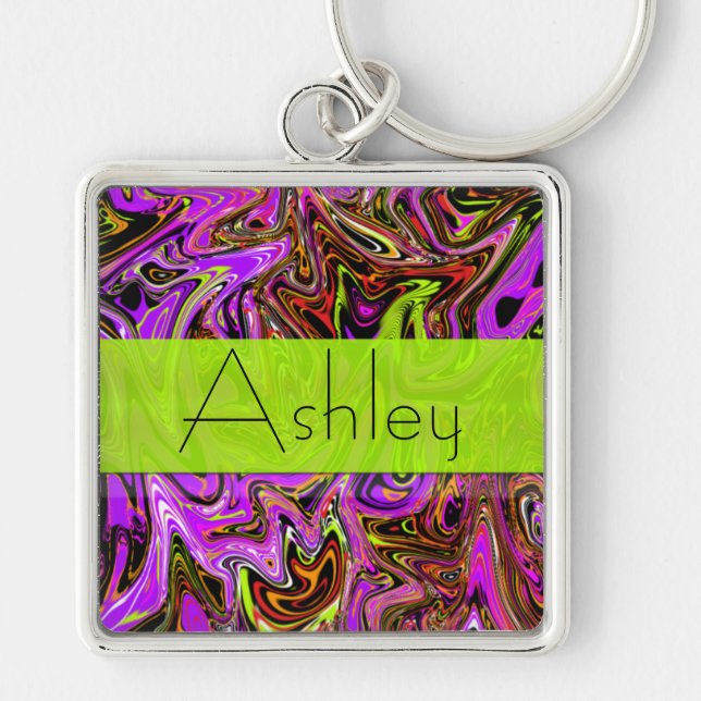 Chaveiro Pulseira com Nome e Redemoinhos de Roxo e Verde Ne (Frente)