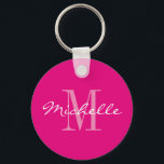 Chaveiro Pulseira de botão de monograma neon rosa personali<br><div class="desc">Pulseira de botão redondo com monograma de nome neon rosa e branco. Tipografia de roteiro elegante e cor de fundo personalizada. Design de pulseira elegante para mulheres e meninas. Monogramada com a letra inicial do seu nome único. Favor de festa de casamento fofo ou ideia de presente de aniversário. Também...</div>