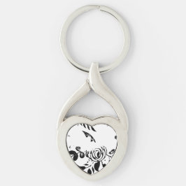Chaveiro Pulseira de Coração Floral Preto e Branco Desbotad