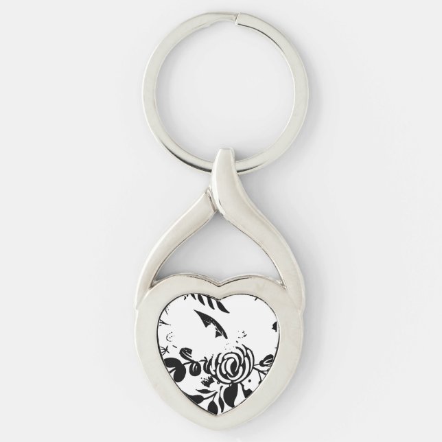 Chaveiro Pulseira de Coração Floral Preto e Branco Desbotad (Frente)