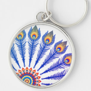 Chaveiro Pulseira de Mandala com Pena de Pavão Azul - Boho