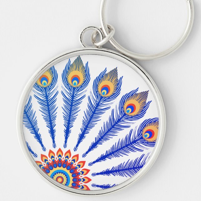Chaveiro Pulseira de Mandala com Pena de Pavão Azul - Boho  (Frente)
