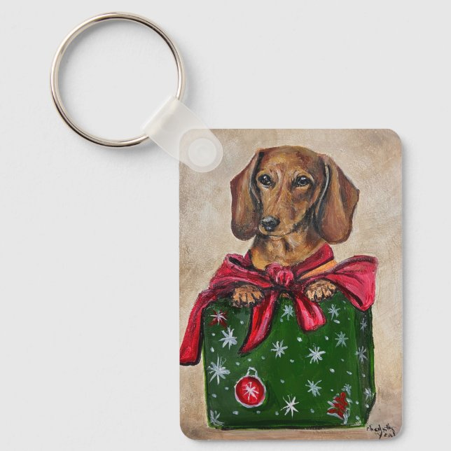 Chaveiro Pulseira de Natal com Arte de Cachorro Dachshund e (Frente)