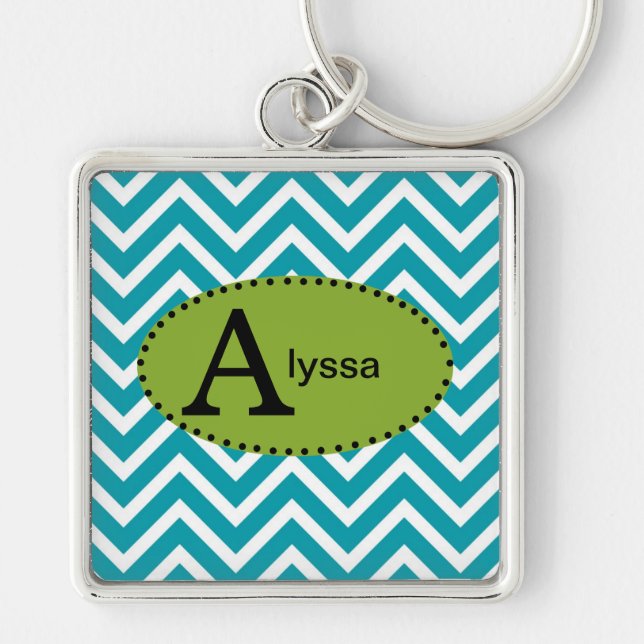Chaveiro Pulseira Personalizada Azul Branco e Verde Chevron (Frente)