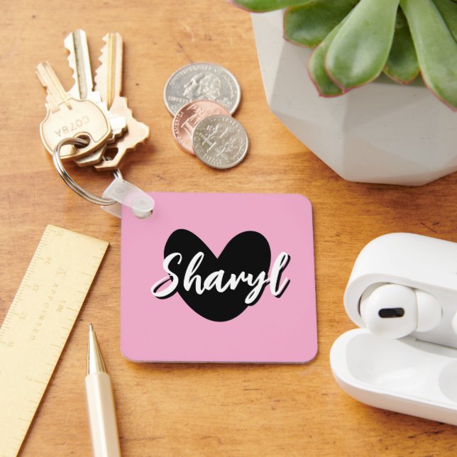 Chaveiro Pulseira personalizada cor-de-rosa com coração pre (Mesa)