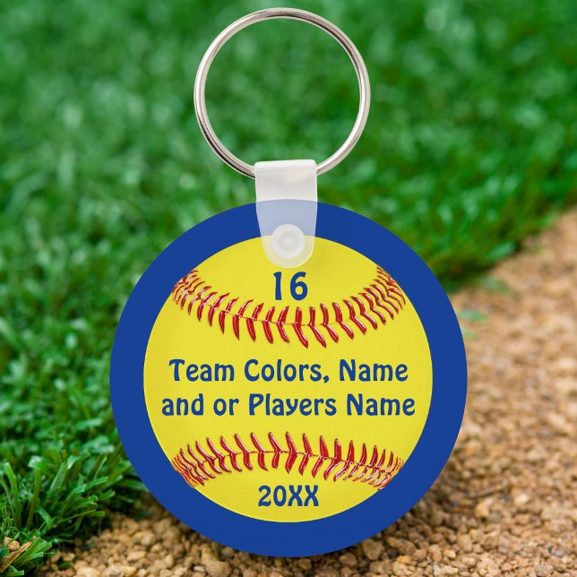 Chaveiro Pulseiras de softball com NOME e NÚMERO da EQUIPA  (Softball team gift ideas for girls. Blue, softball keychains, Softball party favors or any occasion.)