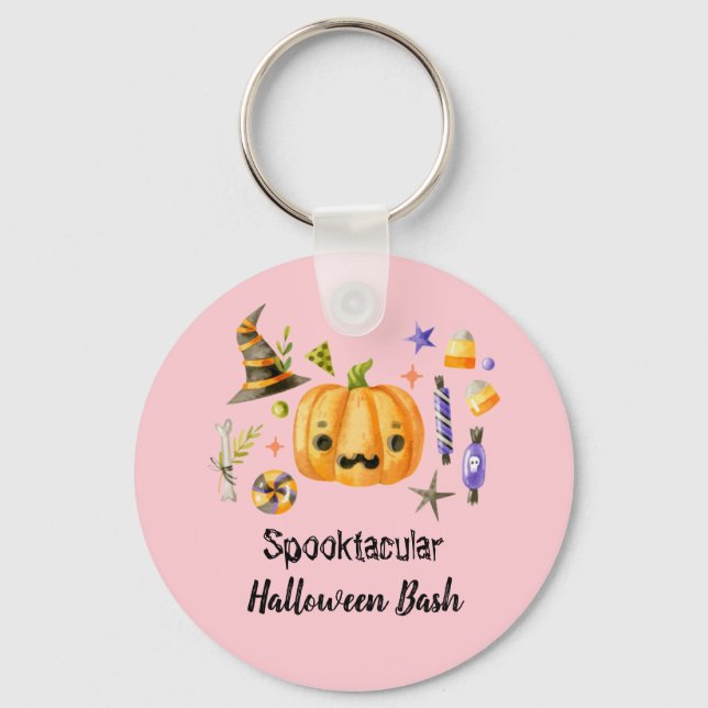 Chaveiro Pumpkin Spooktacular Festa de Halloween Bash, Rosa (Frente)