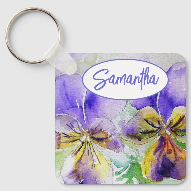 Chaveiro Puro Viola Floral Flores Watercolor Painting (Frente)