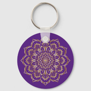 Chaveiro Púrpura Elegante e Dourada Padrão Floral de Mandal