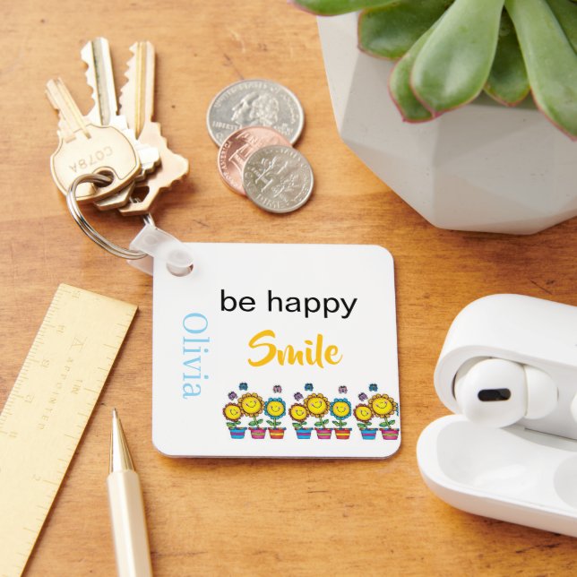 Chaveiro Quadrado de Alumínio Seja Feliz Sorriso G (Mesa)