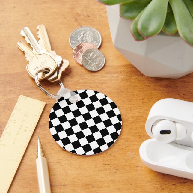 Chaveiro Quadrados xadrez preto e branco geométrico retrô (Mesa)