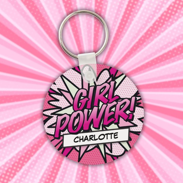 Chaveiro Quadrinho Personalizado PODER DA MENINA Rosa (Personalized GIRL POWER Comic Book Pink Keychain)