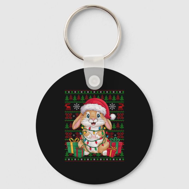 Chaveiro Rabbit Bunny Xmas Lights Ugly Santa Hat Bunny Chri (Frente)