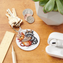 Raccoon with Pumpkin Latte Fall Season Keychain