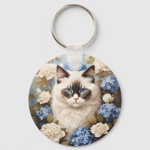 Chaveiro Ragdoll Cat Com Flores De Hydrangea Azuis