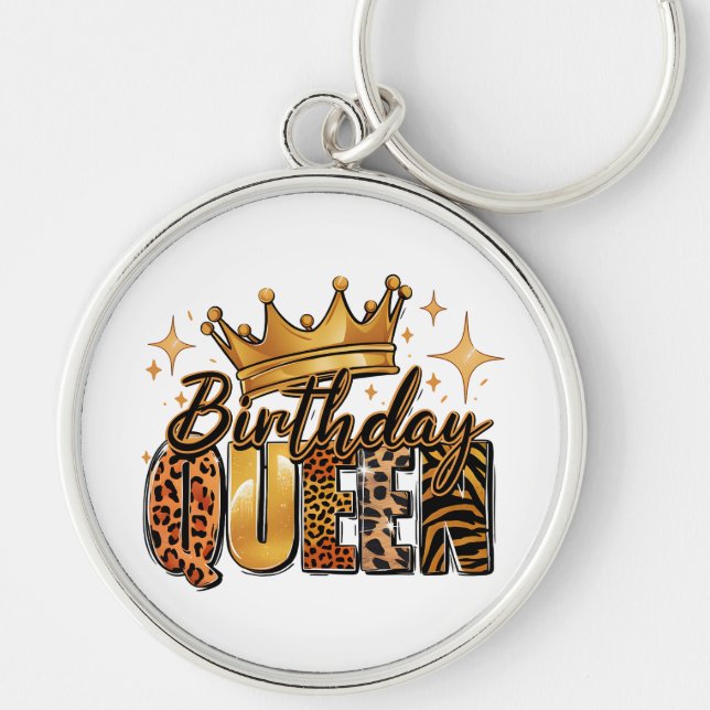 Chaveiro Rainha de Aniversário com Leopardo de Coroa Dourad (Frente)
