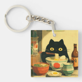 Chaveiro Ramen Comendo Gato Negro Engraçado | Vintage Japon