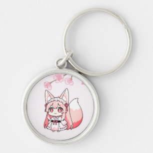 Chaveiro Rapariga Raposa Chibi Rosa Pastel com Flor de Cere