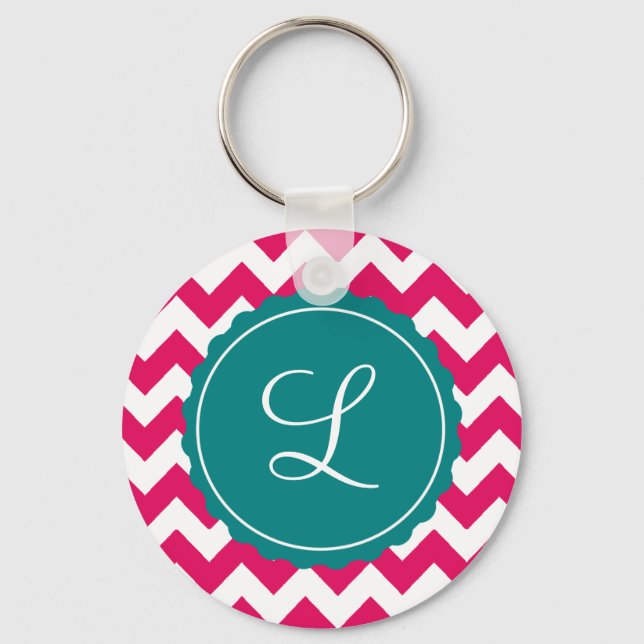 Chaveiro Raspberry and Teal Zig Zag Custom Initial (Frente)
