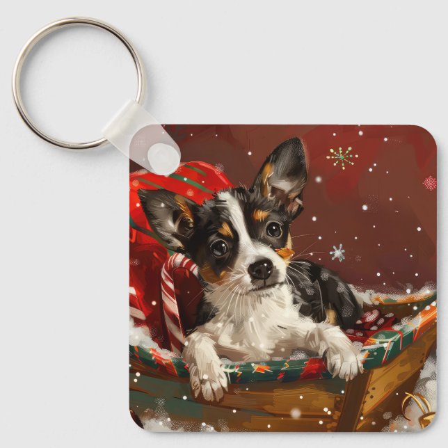 Chaveiro Rat Terrier Cog Natal Festivo (Frente)