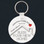 Chaveiro Real Estate House Heart Custom Realtor Business<br><div class="desc">Um chaveiro de 2, 25" apresenta um coração vermelho sobre o telhado de uma nova casa, as palavras "Abençoe sua nova casa!" junto com o nome da sua empresa, o número de telefone e o nome do agente. MUDE A COR DE FUNDO para qualquer coisa - mostramos azul claro. Personalize...</div>