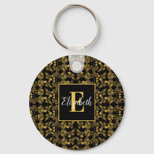 Chaveiro Real Preto e Dourado Damask Floral Nome Personaliz