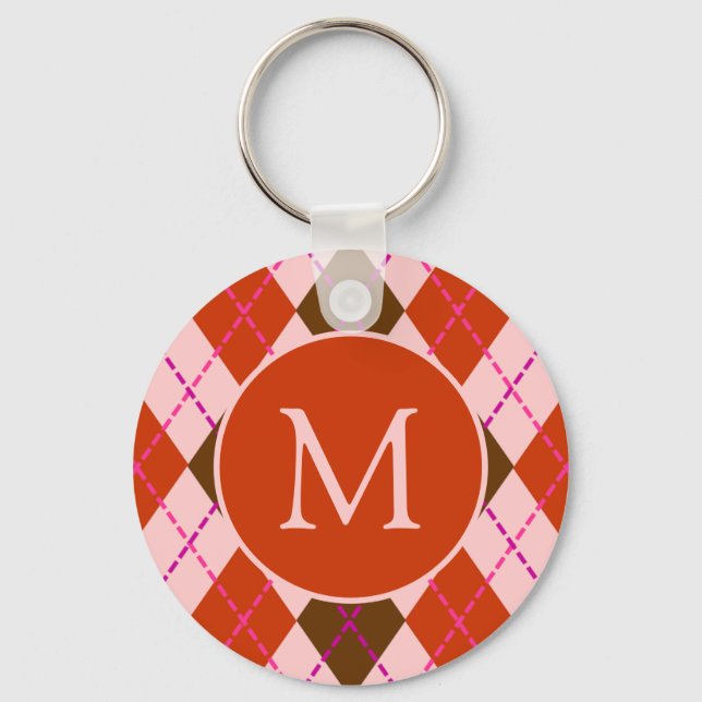 Chaveiro Red Pink and Brown Argyle Pattern Monogram (Frente)