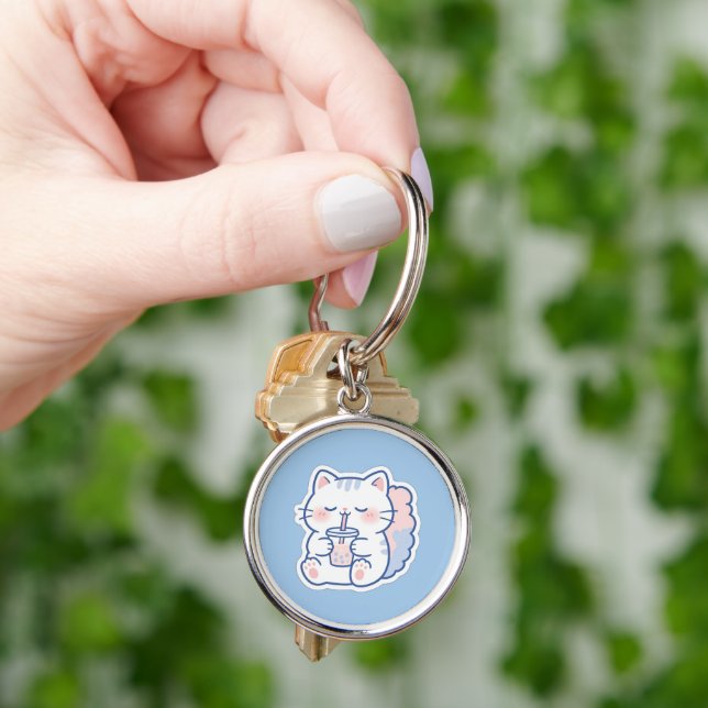 Chaveiro Redondo de Chá Bubble com Gato Kawaii Fof (Mão)
