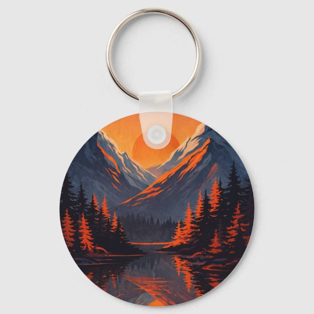 Chaveiro Reflexo do Pôr do Sol na Montanha com Céu Laranja  (Frente)
