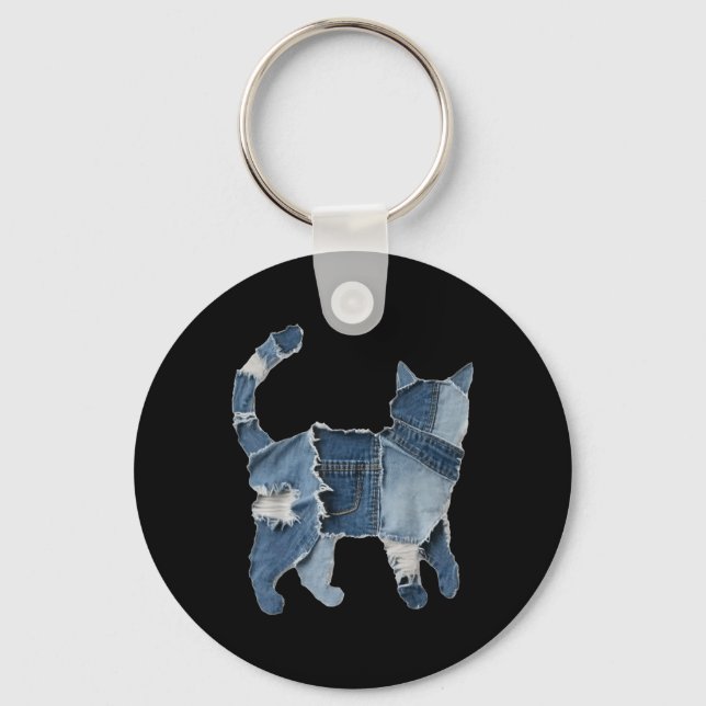 Chaveiro Remendo de jeans engraçado retrô impressão de gato (Frente)