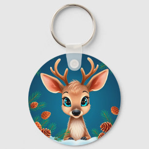 Chaveiro Rena de desenho animado fofa no inverno com pinhas