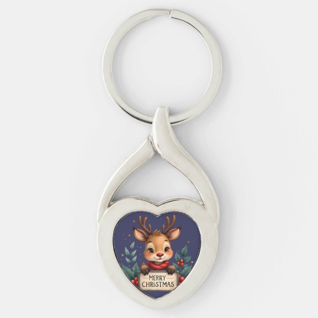 Chaveiro Rena de Natal Fofa com Azevinho e Placa (Frente)