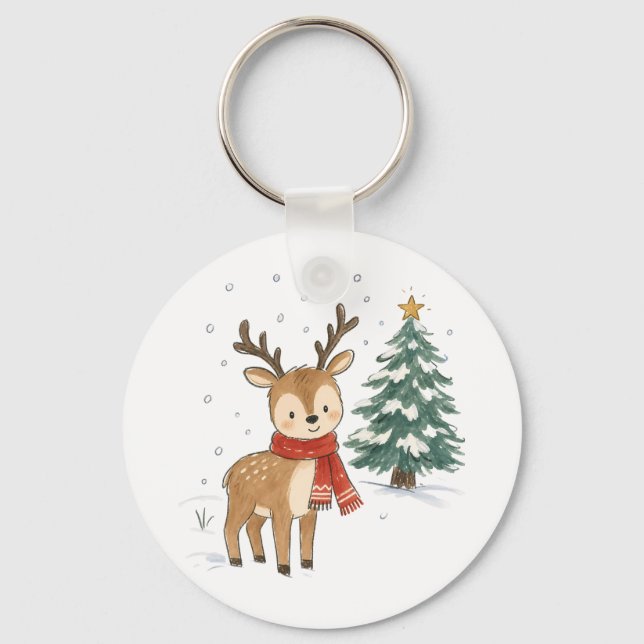 Chaveiro Rena de Natal Fofo com Cachecol Vermelho (Frente)