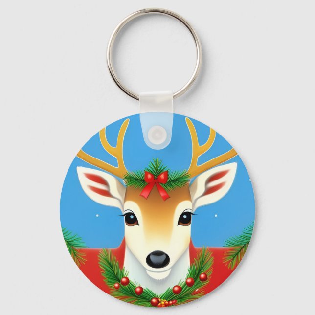 Chaveiro Rena Festiva com Coroa de Natal (Frente)