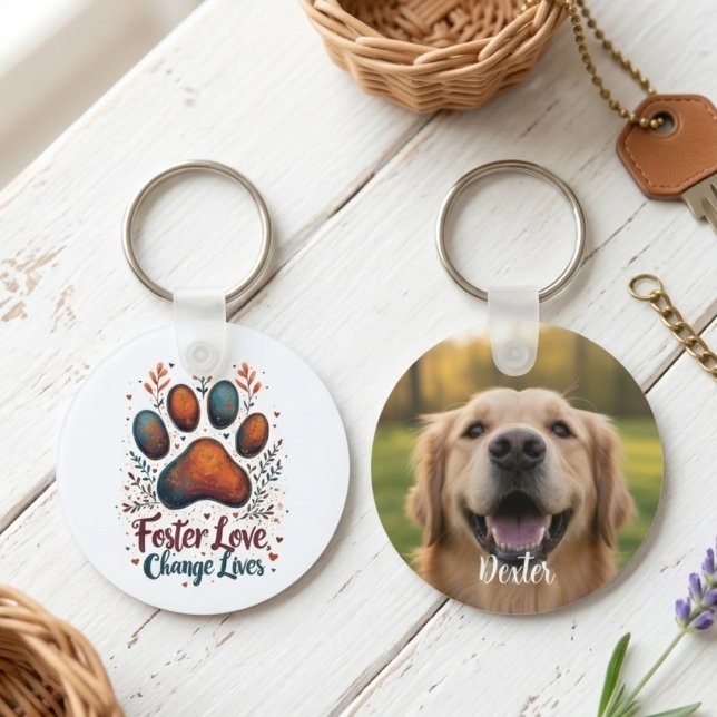 Chaveiro Resgate de Mãe de Cachorro com Pegada de Pata Defe (Paw print foster dog photo keychain)