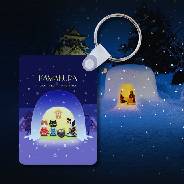 Chaveiro Retângulo de Celebração de Neve de Edo-Neko (Edo-Neko's Snowy Celebration Rectangle Keychain)