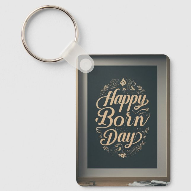Chaveiro Retângulo metálico Feliz do Dia do Nascer (Frente)