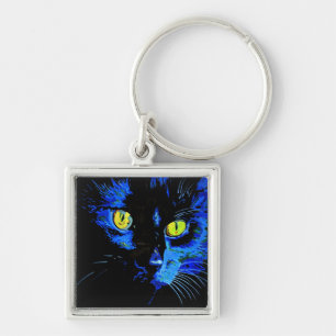 Chaveiro Retrato Artístico De Gato Negro Com Amarelo Em Gre