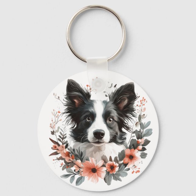 Chaveiro Retrato de Border Collie com Moldura Floral (Frente)