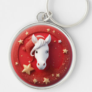 Chaveiro Retrato de Cavalo Geométrico em Vermelho e Branco 