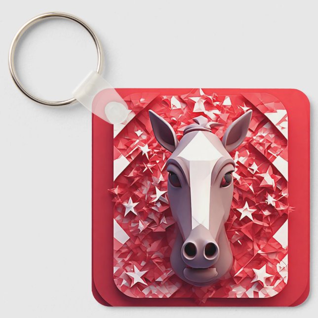 Chaveiro Retrato de Cavalo Geométrico em Vermelho e Branco  (Frente)