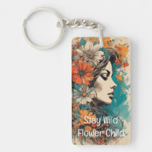 Retrato de Mulher Retro Flower Power em Pingente d