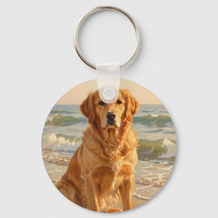 Chaveiro Retrato de Retriever Dourado na Praia Oceânica