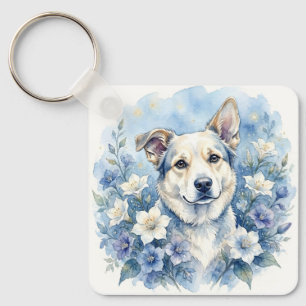 Chaveiro Retrato Floral Botânico de Cachorro em Aquarela