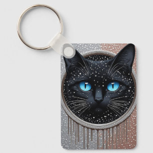 Chaveiro Retrato Gótico Moderno de Gato Preto com Olhos Azu