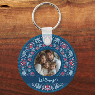 Chaveiro Retrato Personalizado Família Azul Festivo Mandala