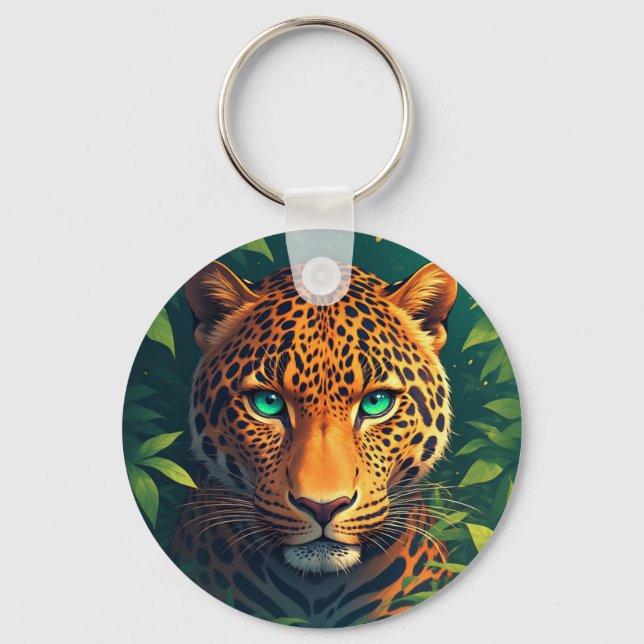 Chaveiro Retrato Vibrante de Leopardo com Olhos Esmeralda (Frente)