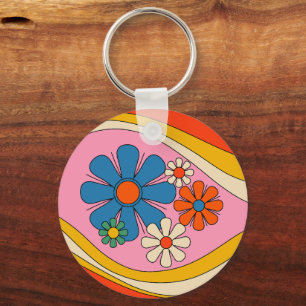 Chaveiro Retro 60s 70s Floral Rosa com Inicial