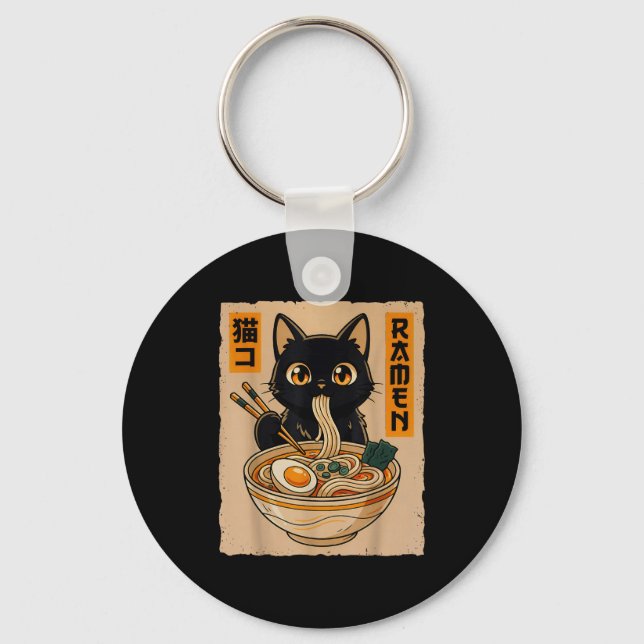 Chaveiro Retro Anime Kawaii Black Cat Eating Ramen Noodles  (Frente)